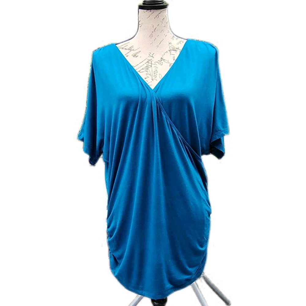 Womens Blue Ruched V-Neck Doleman Tunic Top Plus 2XL Made In USA Office Casual